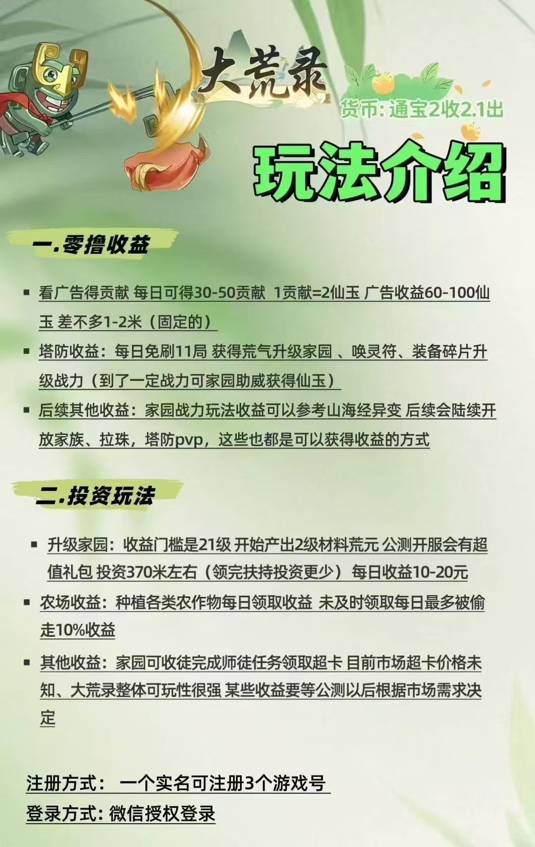 大荒录零撸，淘金三国模式，保底收益高，模式新颖。