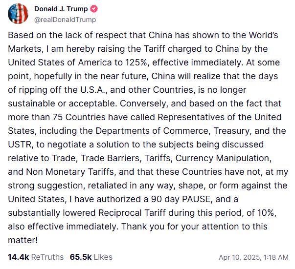 特朗普宣布关税暂停，引发全球资产暴涨狂潮！