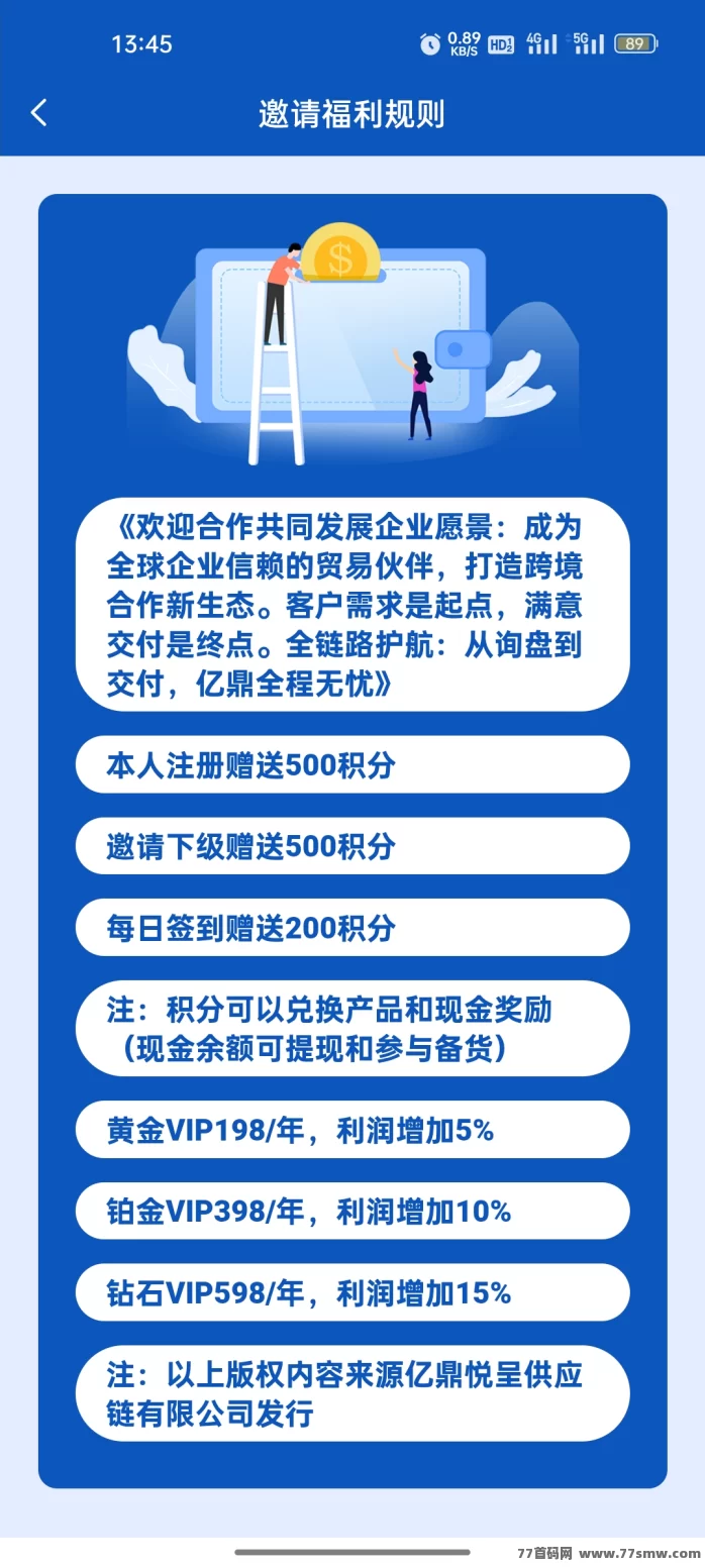 亿鼎悦呈福利详解，送5圆+每日签到奖励，每100积分=1圆可提，实测靠谱平台！