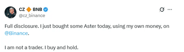 赵长鹏力挺Aster,助推BNB,代币暴涨20%! 赵长鹏力挺Aster,助推BNB,代币暴涨20%!